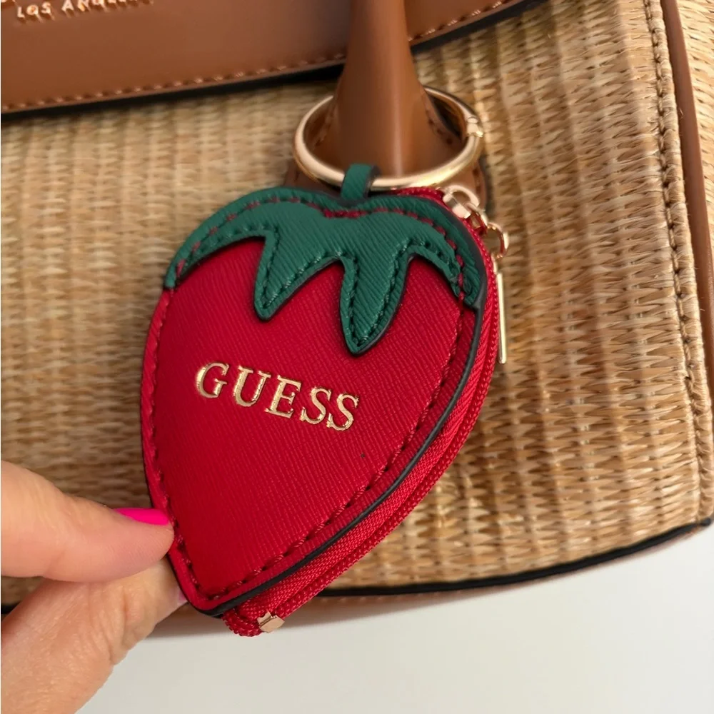 GUESS Tan Straw Purse Tote with Brown Trim and Strawberry Coin Purse Charm NWOT